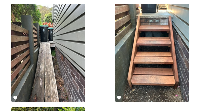 Worn slat ramp replaced with new hardwood stairs for side tradesman access