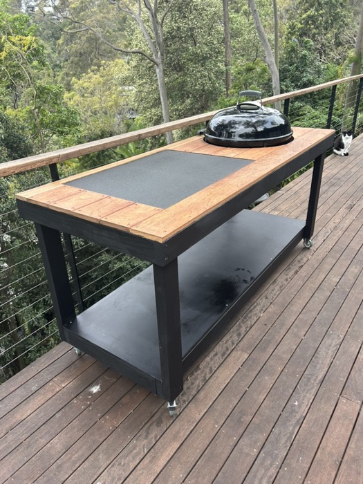 Custom outdoor BBQ table with hardwood top and steel frame — Northern Beaches